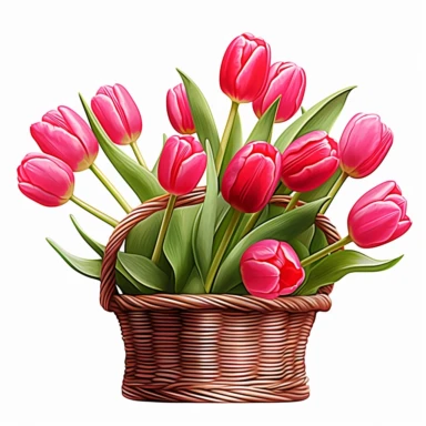 clipart of hot pink tulips in a basket, in the style of uhd image, high detailed, stock photo, colorful realism, ornate still lifes, isolated on flat white background