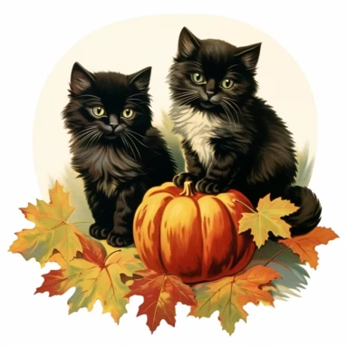 autumn themed black kittens, vintage clip art