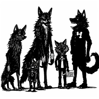 a set of black line clipart inspired by zombie wolves and income inequality and class warfare and evil muppets and Funko Pop toys
