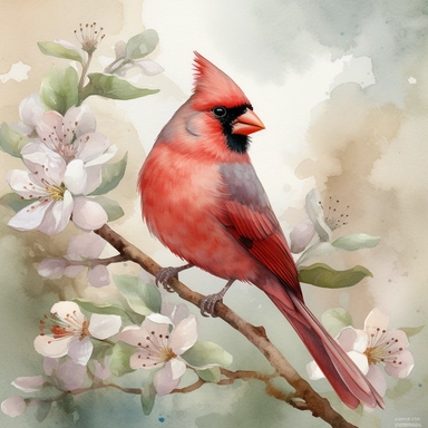 Red Cardinal on a branch of a blossoming apple tree clipart, vintage illustration, scrapbooking page, soft faded colors, , watercolor painting, hyperrealistic, well rendered, old faded light colors, very vibrant, cinematic, intricate, by Thomas Kinkade