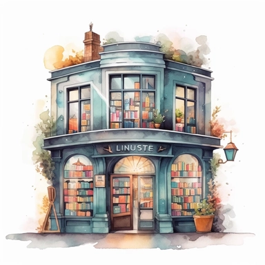 Bookstore,cute bookstor,muted colors,clipart on a white background, an illustration of by Annabel Kidston, shutterstock contest winner, generative art, detailed painting, digital illustration,photoillustration isolated on white background, digital watercolor,dark outline,high quality,8k