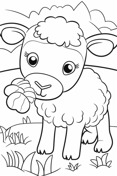 a very simple black and white coloring page for kids of cute lamb eating grass on the farm. Flat art clean vector art clipart.