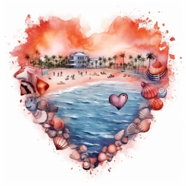 Orange beach heart shape, illustration clipart, detailed, black outline, white background, digital art, watercolor