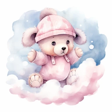 clipart, a whimsical illustration of a contented, loving and angelic baby teddy bear, wearing pajamas and pajamas hat, floating on a cloud, surrendered by pink fluffy clouds, Use a smooth and light watercolor technique to give the artwork a dreamy and ethereal quality