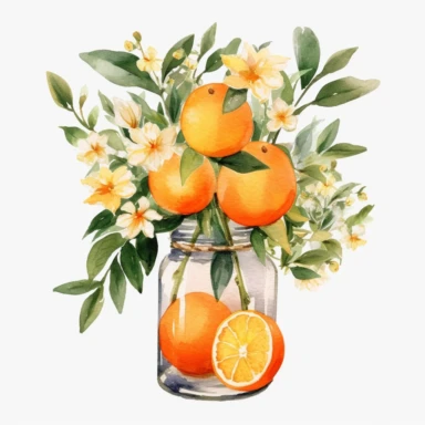 Create a watercolor oranges clipart with glass nd bouquets