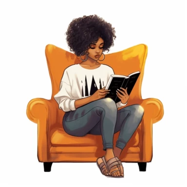 Melanin girl PNG | Black Girl Clipart, Black Woman Illustration, African American Fashion Digital Print, Self Love Clipart, pixie cut hairstyle, sitting in chair reading a book