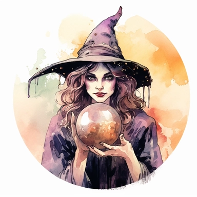 Halloween witch, holding a crystal ball, watercolor style, clipart image