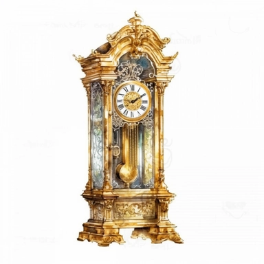ornate gold grandfather clock detailed illustration watercolor clipart isolated white background