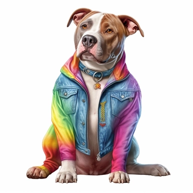 clip art style illustration of a realistic pit bull wearing a rainbow jean jacket, just the dog, no shading, full body sitting down, transparent background