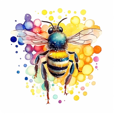 watercolor, A whimsical drawing of a bee with exaggerated pollen baskets on its hind legs, filled with an array of colorful and oversized pollen grains, capturing the essence of its pollination activities. (Digital drawing clipart, image black border color, full body, transparent background)