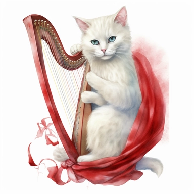 A clipart of a white cat wearing a red ribbon and holding a harp, just like an angel from a fairytale, watercolor style, realistic, bright colors, 300 dpi, 8k, white and clear background