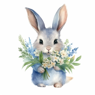 A sophisticated and enchanting collection of elegant watercolor clipart depicting a blue baby bunny holding a wildflower bouquet. The hand-painted bunny is lovingly rendered in soft, dreamy shades of blue that highlight its delicate features, expressive e
