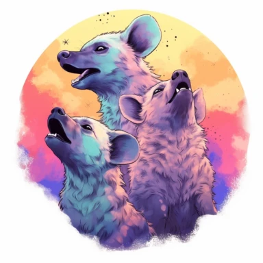 group of cute hyenas, howling at the moon in perfect harmony, their voices carrying through the night, vibrant pastels, clipart, on a white background