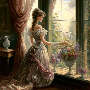 beautiful lady, very detailed, wearing beautiful flowing dress, standing by large victorian window, looking out the window, beautiful romantic bouquet of flowers, beautiful crystal ornate vase, sitting on table with decorative tablecloth, infront of large victorian window with beautiful flowing curtaings, soft colors, crisp colors, ribbon, very detailed, fantasy, romantic, clipart style