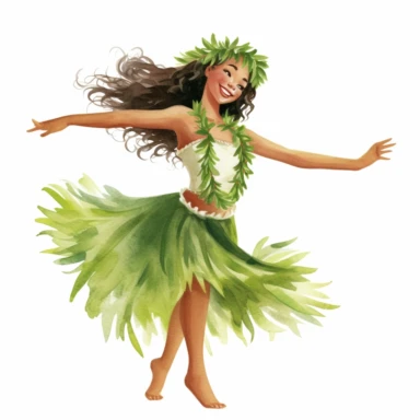 A clipart of a hula girl dancing with a lei and grass skirt clipart, white background, watercolor drawing