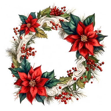christmas pine and poinsettia wreath clipart, white background