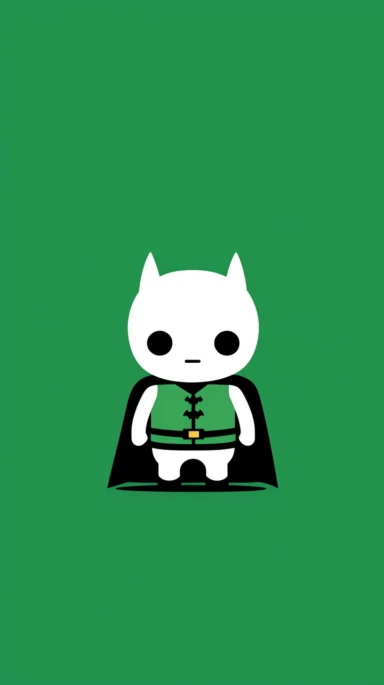 Minimalist white on a green background negative space whimsical cuteness, Batman, flat, vector, clipart, in the style of Skottie Young