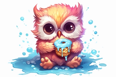 cute anime baby owl eating multi-color donut clipart, hd, on white background, spaced out