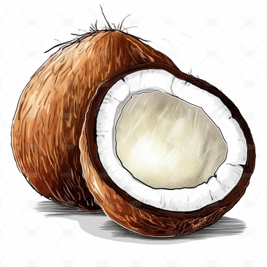An illustration featuring coconut clipart, final image should be rendered with colored markers and black lines, white background, no people