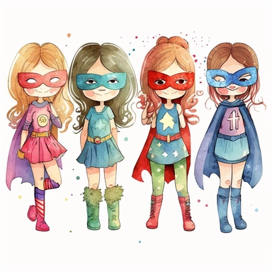 four watercolour happy little superhero girl, full body, with eye masks, clipart