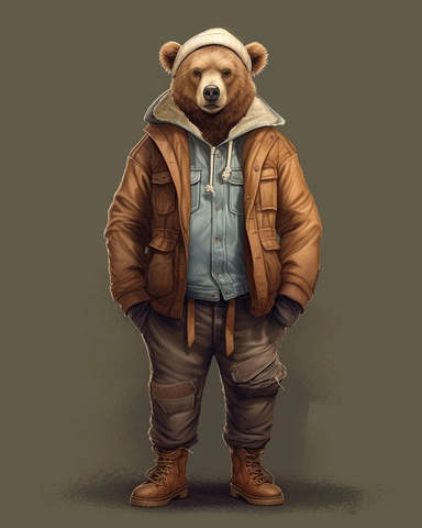 brown bear in a white tracksuit ,wearing a hat,full body shot,with jean jacket,brown pans,boots,scarf,contrasting colors,style of Anna Süßbauer and Jon Klassen,vector, realistic hyper-detail, in the style of victorian-inspired illustrations,realistic shading, pictorial fabrics, contest winner, organic designs, on a plain white background, clipart, masterpiece, trending on Artstation and Dribbble.