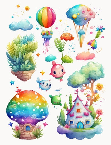watercolor cute 2d flying islands elements, clipart, vibrant rainbow colors, white background, 8k, high reso