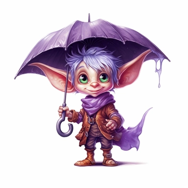 Cute Adorable magical little Elf with big pointed ears holds a umbrella in his hand wears a raincape and stand in the rain on a country road, clipart, photorealistic illustration, watercolor, high detail, 8k polished, 8k, vibrant colors, sticker, majestic, die cut, black and purple color, white background