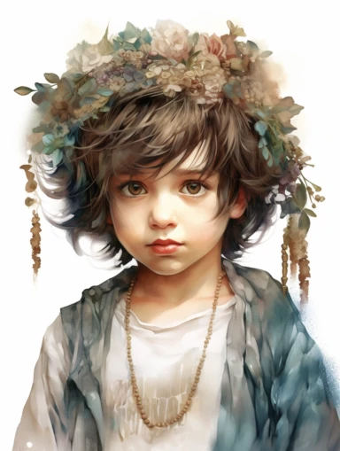 bohemian cute young boy, sticker art, clipart png, photorealistic, watercolor, digital painting, WHITE BACKGROUND, fantasy style, realistic, painting, 8k, ultra details,