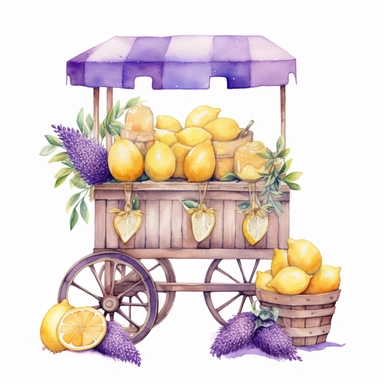 lemon and lavender cart stand clipart, white background