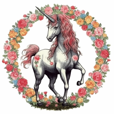 a whimsical floral unicorn standing on its hind legs, surrounded by a halo of blooming roses and daisies, clipart, full hd, very detailed, 300dpi,