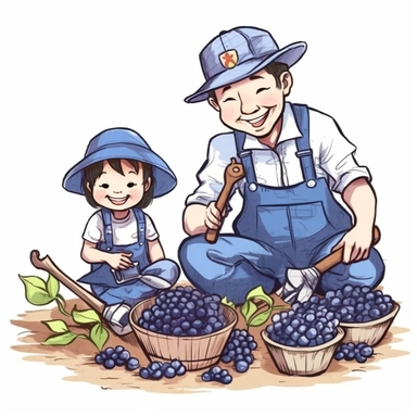 clip art of an asian baby girl and her dad are harvesting fresh blueberry, crayon colouring, in the style of crayon illustrator Ashley Bryan, smilecore, soggy, sticker set, ready-made objects, commercial illustration, white background, embroidery