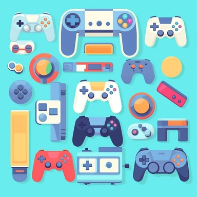 Gamepads vector clipart, vector cute collection, in the style of# screenshotsaturday, light blue soft pastel background, flat areas of color, flat color blocks, 1970–present, rough - edged 2d animation, lightbox, colorful animation stills, high quality clipart, front view