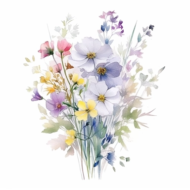 watercolor botanical flower arrangement with spring wild flowers, in the style of Francis Marte, watercolor art with delicate ink outline, soft atmospheric scenes, soft and dreamy atmosphere, poetic and atmospheric style, decorative paintings,white background, clipart