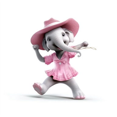 Nursery safari animal, clipart, elephant, cute, white background, no text, no words, wearing a pink hat, dancing, happy,