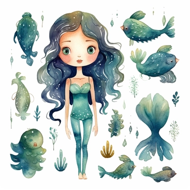 cute young mermaid princess in various poses, watercolor clipart, dollcore. kawaii , a mix of textures and patterns, representing the complexity of emotions - associated with emotional intelligence and self-awareness, promoting a sense of mindfulness and introspection. Beautifully colored gouache sleek minimalist painting of gothic, a beautiful imaginative and creative, surreal painting art by leonora carrington, vibrant modern colors, preraphaelite, beautiful com art by cory loftis