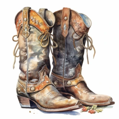 old Western cowboy boots, watercolor, clipart, white background