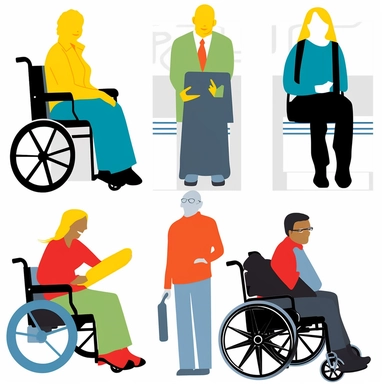 A collection of four distinct train passengers in Switzerland, featuring a family member, a businesswoman, a wheelchair user, and a young professional commuter with headphones (medium: digital illustration) (style: simple and minimalistic, in the form of clipart or concept art) (lighting: even, with no shadows) (colors: bold, primary and secondary colors) (composition: each individual isolated on a white background, shown in a clear and concise manner, as if icons).