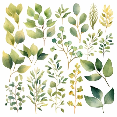 watercolor greenery clipart, gold foil and green leaves, soft colors, individual design, 8k