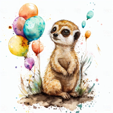 Safari Baby Animal Watercolor Clipart, Cute Baby Suricate, Cute Jungle Animal, Birthday Baby Suricate, colorful balloons, no image noise, no lettering, hyperdetail, maximum detail