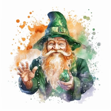 watercolor clipart of a magical mystical leprechaun, enchanted and mythical, sparkles, magical vibes, isolated on white background