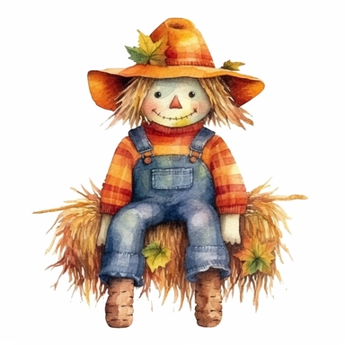 Halloween scarecrow, full color, knitted painting texture, Perfect for nursery art and children's book illustration style, simple, cute, full color, clipart, watercolor illustration, single object, high definition 8k,white background for removing background - - no text shadow font watermark