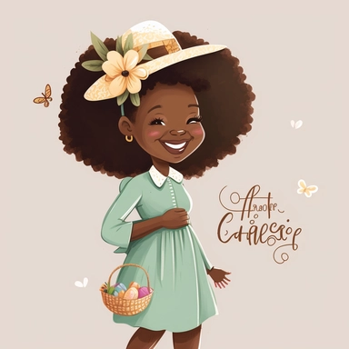 Gospel Church , Easter Sunday , Happy Black Girl Smiling on Easter Sunday , Wearing a Easter hat , standing , walking, Carring easter basket , Easter art, funny black girls clipart, Funny black girl , Frilly Easter Dress , Ribbiobs in Hair Cheerful african american girl child png, clipart, afro ,Full body with legs , Cottage core , Love shack Fancy, Highly detailed close-up portrait , standing , Nicoletta Ceccoli, Mark Ryden, lostfish, Earl Nor, global lighting, divine rays, detailed and intrica
