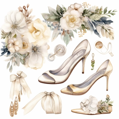 wedding watercolor clipart, wedding rings, white dress, clear background, bride shoes