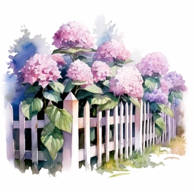 watercolor, hyper realistic, white background, white margins, 16k, ultra detailed clipart, cut out image, hand-drawn a white wooden fence with a backdrop of a large, full hydrangea bush with pink and purple petals. in the style of enchanting watercolors