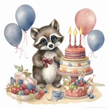 clipart of baby raccoon in birthday party with a balloons, cake with candles, illustration on white background, in the style of victorian - era clothing, embroidery, beatrix potter, 32k uhd, grainy, flickr, plush doll art, watercolor art by Susan Wheeler and Marjolein Bastin