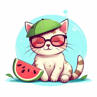A cat wearing sunglasses and a hat with a slice of watermelon.