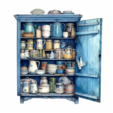 watercolor, hyper realistic, white background, white margins, 16k, ultra detailed clipart, cut out image, hand-drawn vintage blue cupboard with a worn finish, holding a collection of vintage enamelware and tinware.