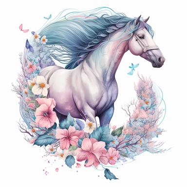A horse clipart design for girls with a soft and girly color palette of pastel colors like pink, purple and blue to create a dreamy atmosphere. The horse itself is majestic and has a long flowing tail and mane that move in the wind. Flowers and butterflies surround the horse and give the design a romantic touch