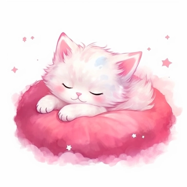 Kawaii kitten sleeping on a pink pillow, super cute, so adorable that is breaks your heart, full body, watercolor clipart, isolated on white background, cute - core