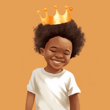 brown-skinned toddler boy wearing an orange blouse, with a gold crown, , afro hairstyle, laughing, soft illustration, minimalist art, clipart, faceless